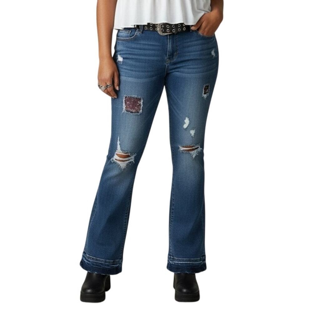 Medium Wash Low Rise Distressed Patch Bootcut Flare Jeans Size 17